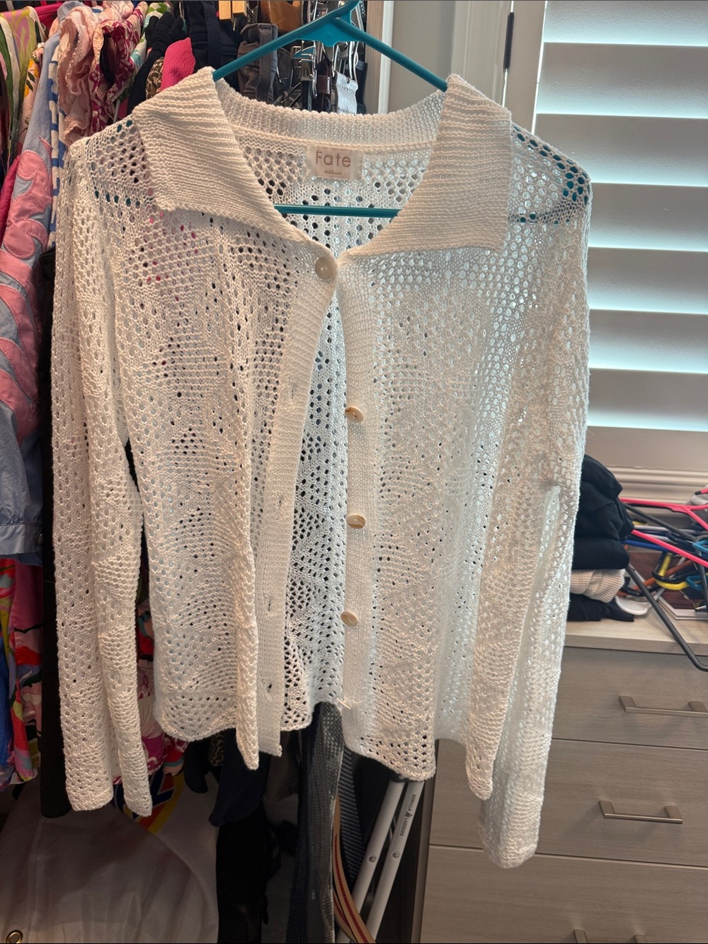 Fate White Open-Knit Button Cardigan